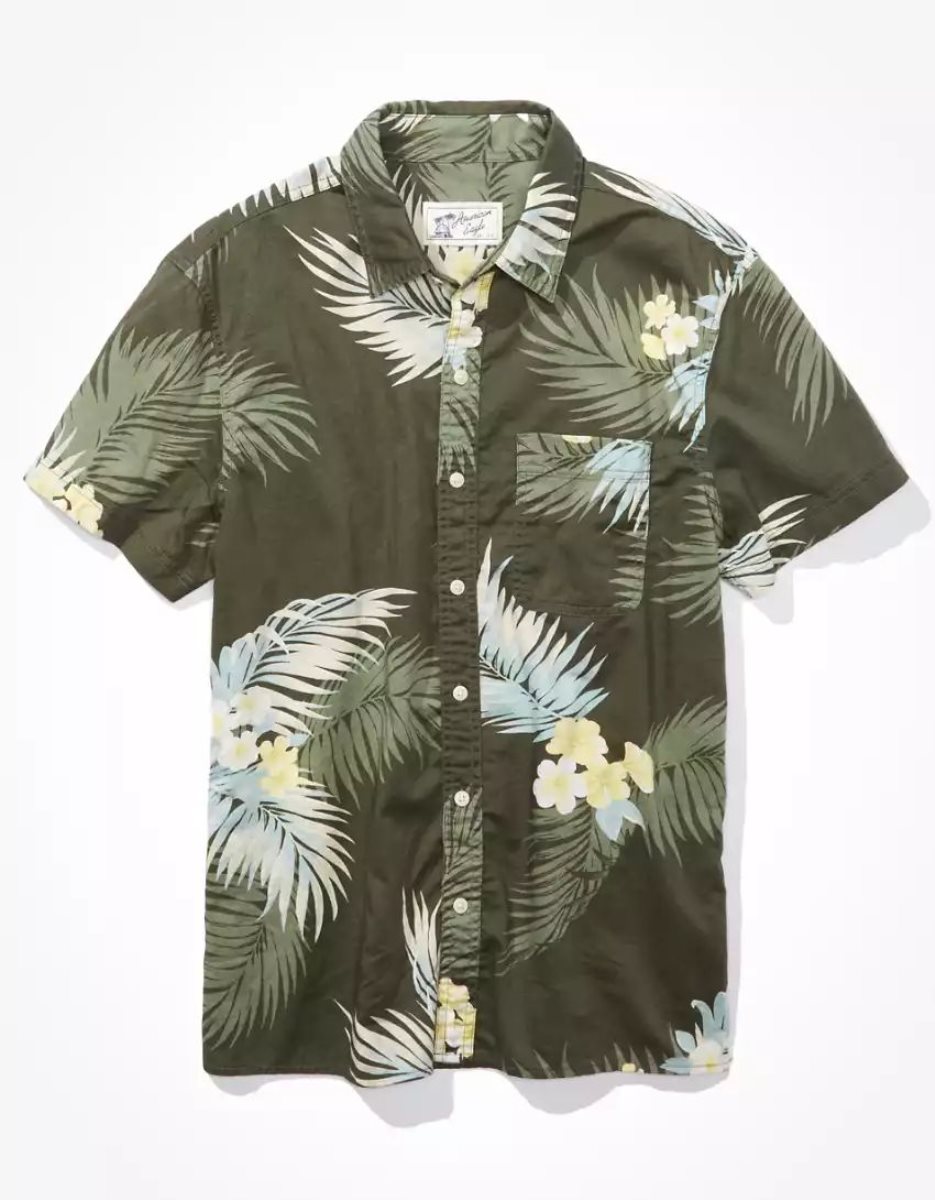 Hauts Flanelle American Eagle AE Tropical Button-Up Resort Shirt Vert Olive Homme | AIZ-84754840